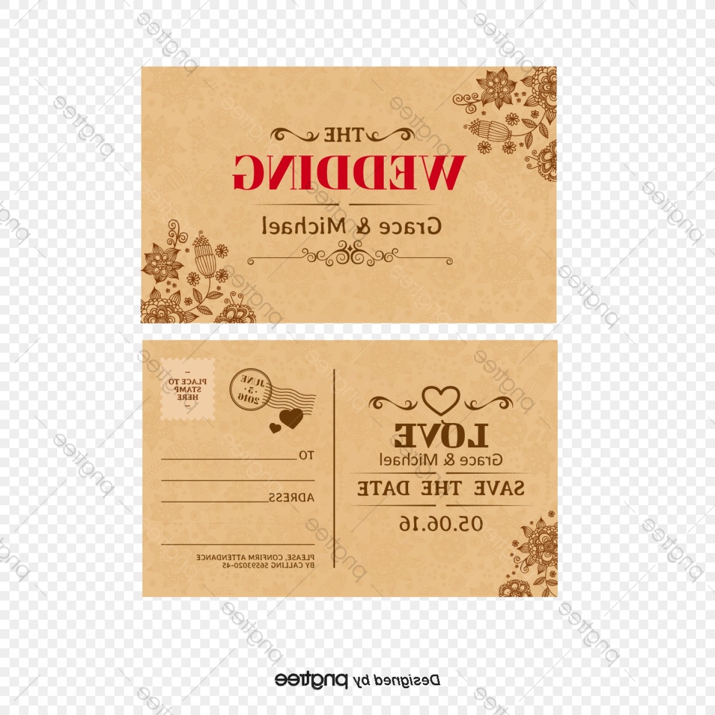 1440x1440 Vintage Postcard Style Wedding Invitation Card Vector Wallkeeper