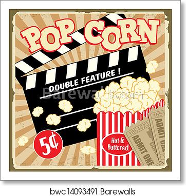 Popcorn With Clapper Board And Movie Tickets Vintage Poster, Art 362x382 Popcorn With Clapper Board And Movie Tickets Vintage Poster, Art