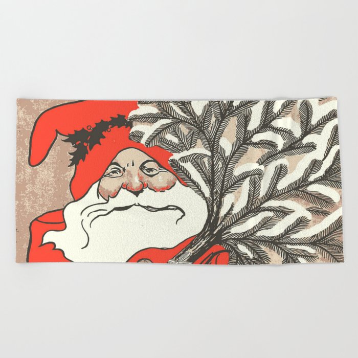 700x700 Christmas Pudding And Vintage Santa Vector Beach Towel