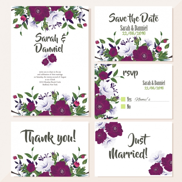 626x626 Cute Wedding Cards With Violet Flowers Vector Free Download
