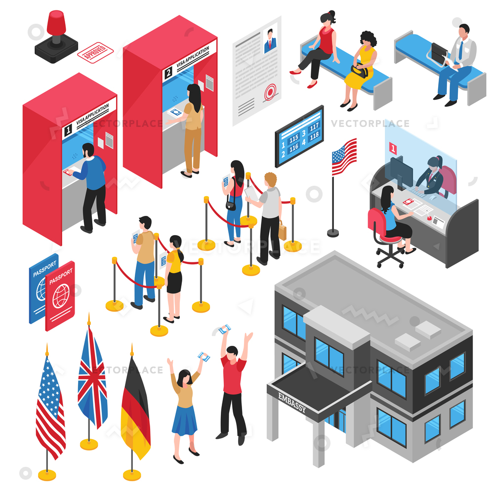 1000x1000 Colored Isolated Isometric Embassy Visa Center Vector Illustration