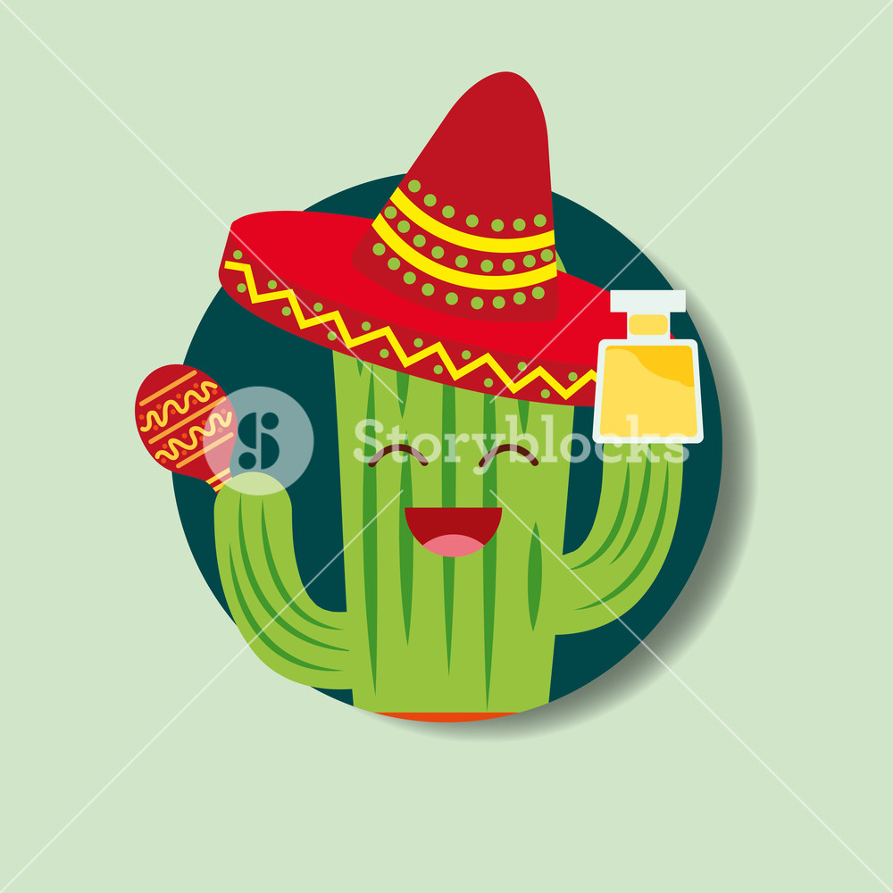1000x1000 Cartoon Cactus With Hat And Tequila Drink Viva Mexico Vector