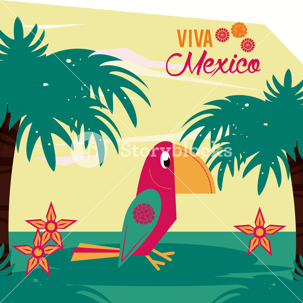 1000x1000 Mexican Huipil Bird With Palms Viva Mexico Vector Illustration