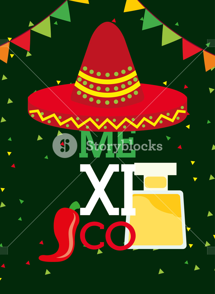 733x1000 Red Hat And Tequila Drink Chili Pepper Pennant Viva Mexico Vector