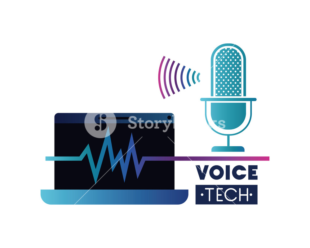 1000x800 Voice Tech Label With Laptop And Voice Assistant Vector