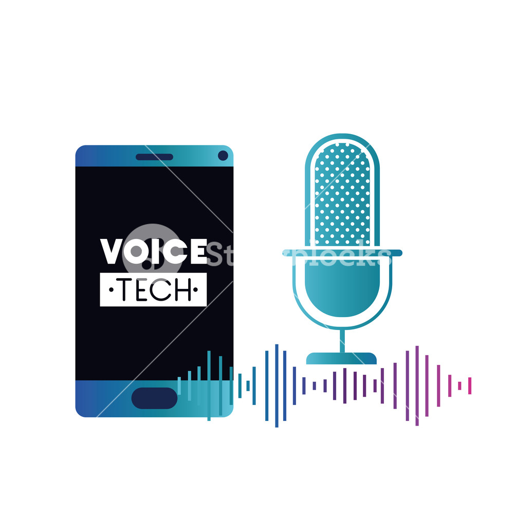 1000x1000 Voice Tech Label With Smartphone And Voice Assistant Vector