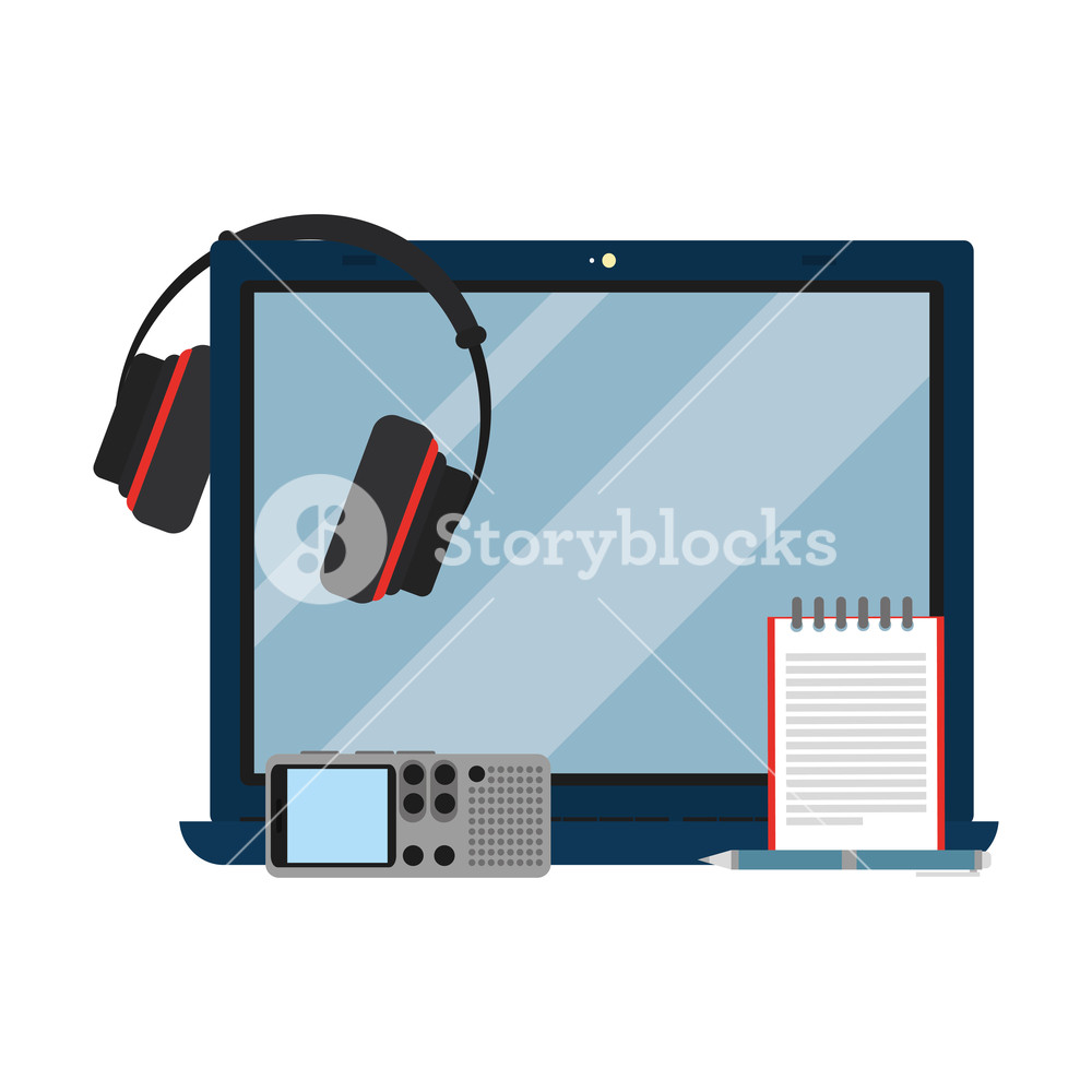 1000x1000 News Journalist Laptop With Headphones And Voice Recorder