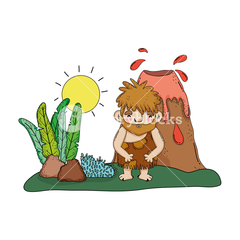 1000x1000 Caveman Comic In The Landscape With Volcano Vector Illustration