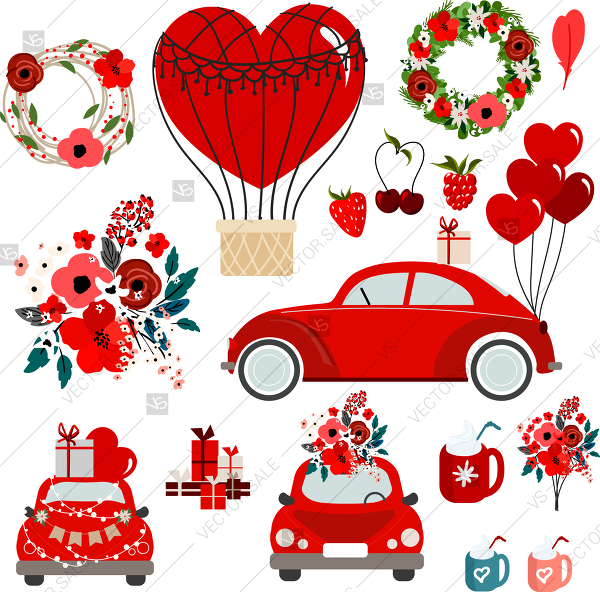 600x592 Valentines Day Vw Beetle, Vintage Car With Hearts, Balloons, Roses