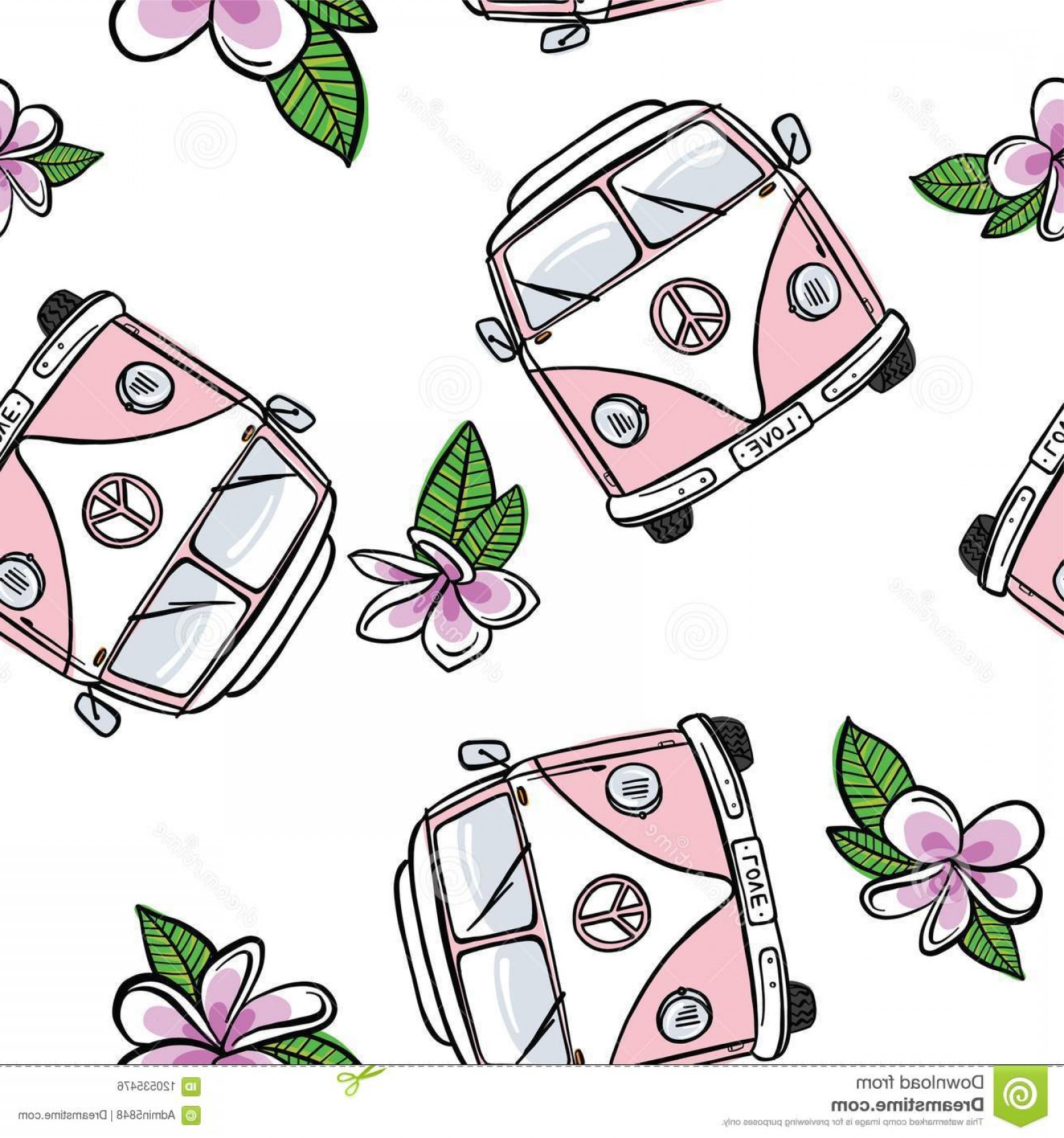 1560x1668 Seamless Vw Kombi Flowers Pale Pink Hand Drawn Vector Volkswagen