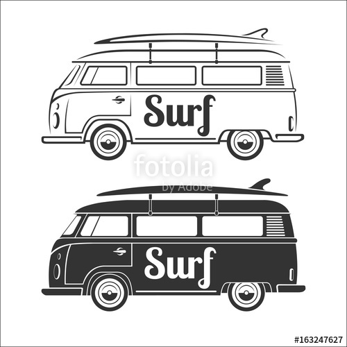 500x500 Vintage Retro Camper Van With Surfboard Set Of Surfer Bus