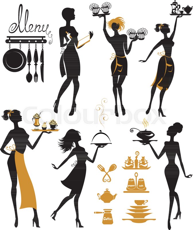 673x800 Set Of Girl Silhouettes, Waitress With Stock Vector Colourbox