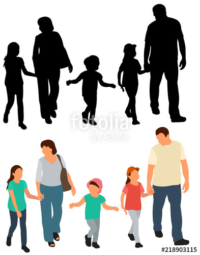 393x500 Vector, Isolated, Walking People With Children, Flat Style Stock