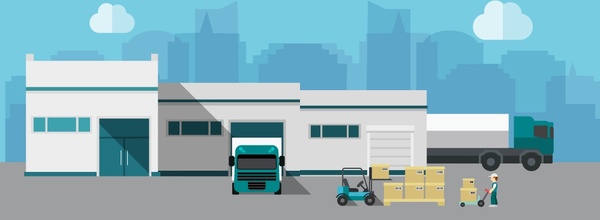 600x220 Warehouse Building Vector Illustration With Delivery Activity Free