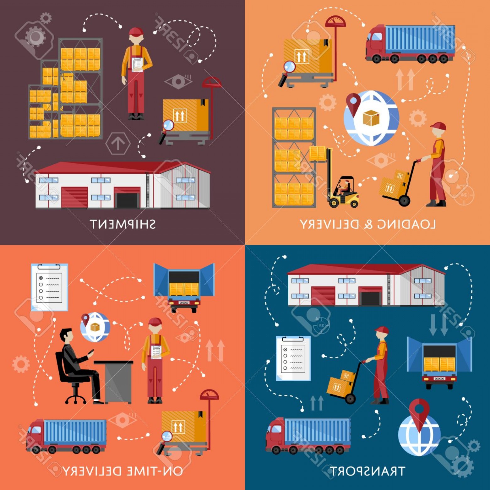 1560x1560 Photostock Vector Warehouse Process Infographics Four Banners