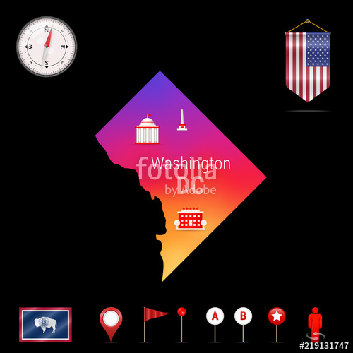 Washington, Dc Vector Map, Night View Compass Icon, Map 500x500 Washington, Dc Vector Map, Night View Compass Icon, Map