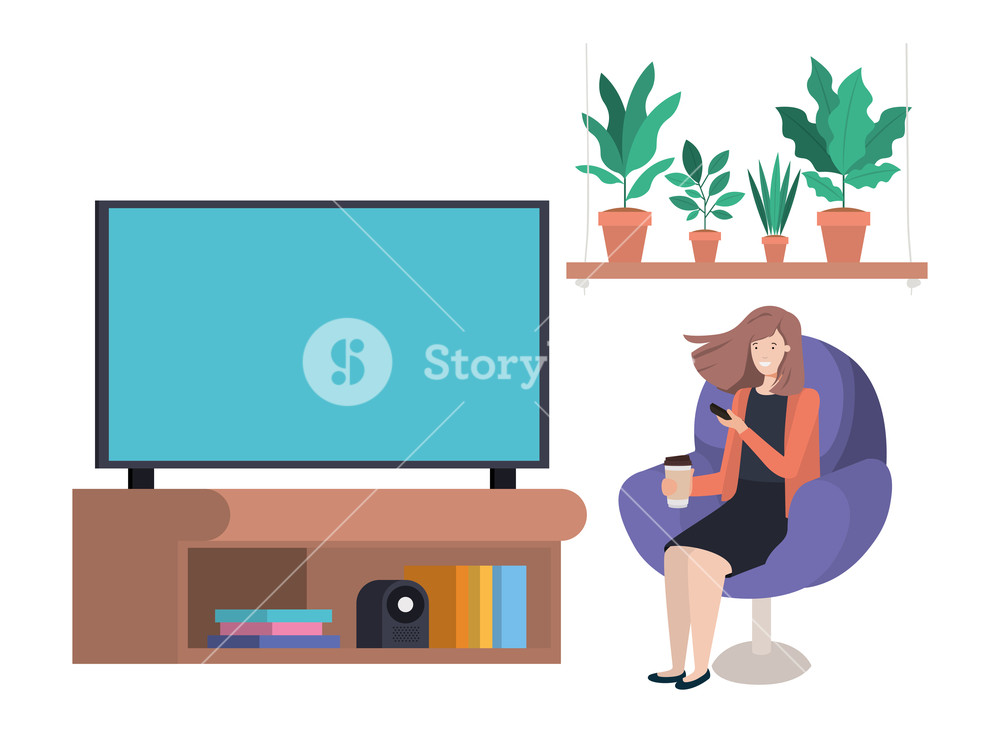 1000x733 Young Woman Seated In The Sofa Watching Tv Vector Illustration