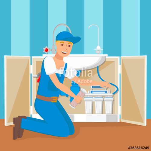 500x500 Plumber Installing Water Filter Flat Illustration Stock Image