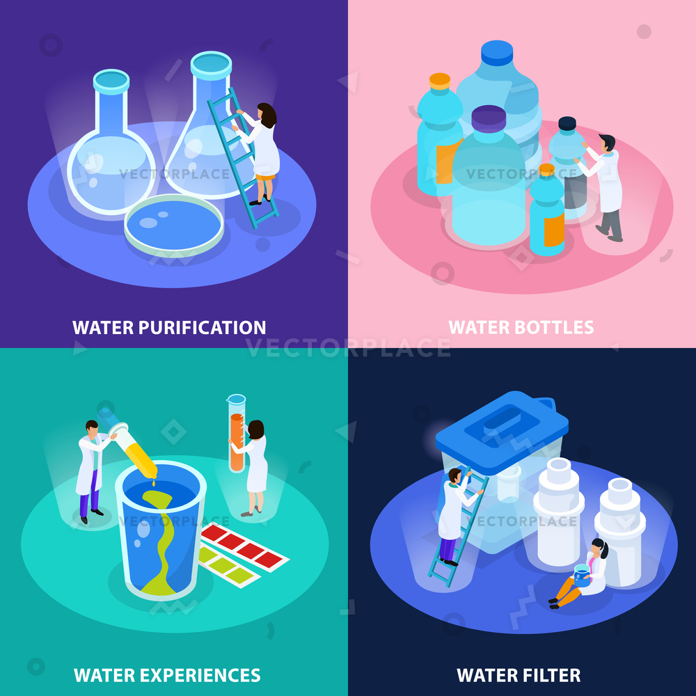 1000x1000 Water Purification Isometric Icon Set Bottles Vector Illustration