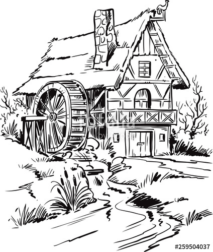 424x500 Old Water Mill Sketch Stock Image And Royalty Free Vector