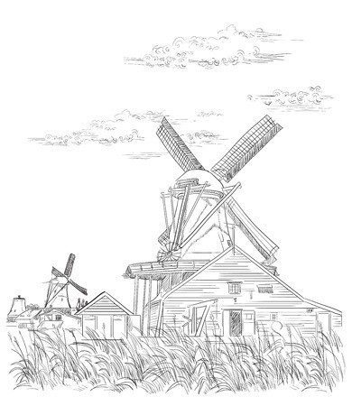 390x450 Vector Hand Drawing Illustration Of Watermill In Amsterdam