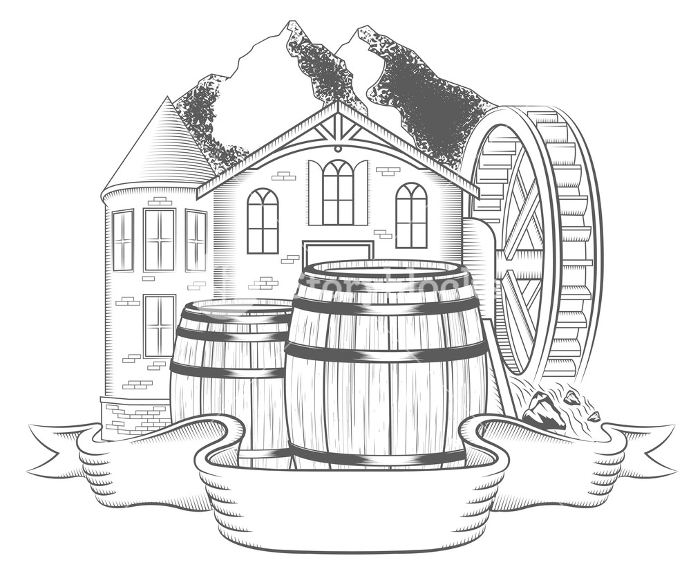 1000x833 Vector Illustration Of Water Mill On A White Background Black