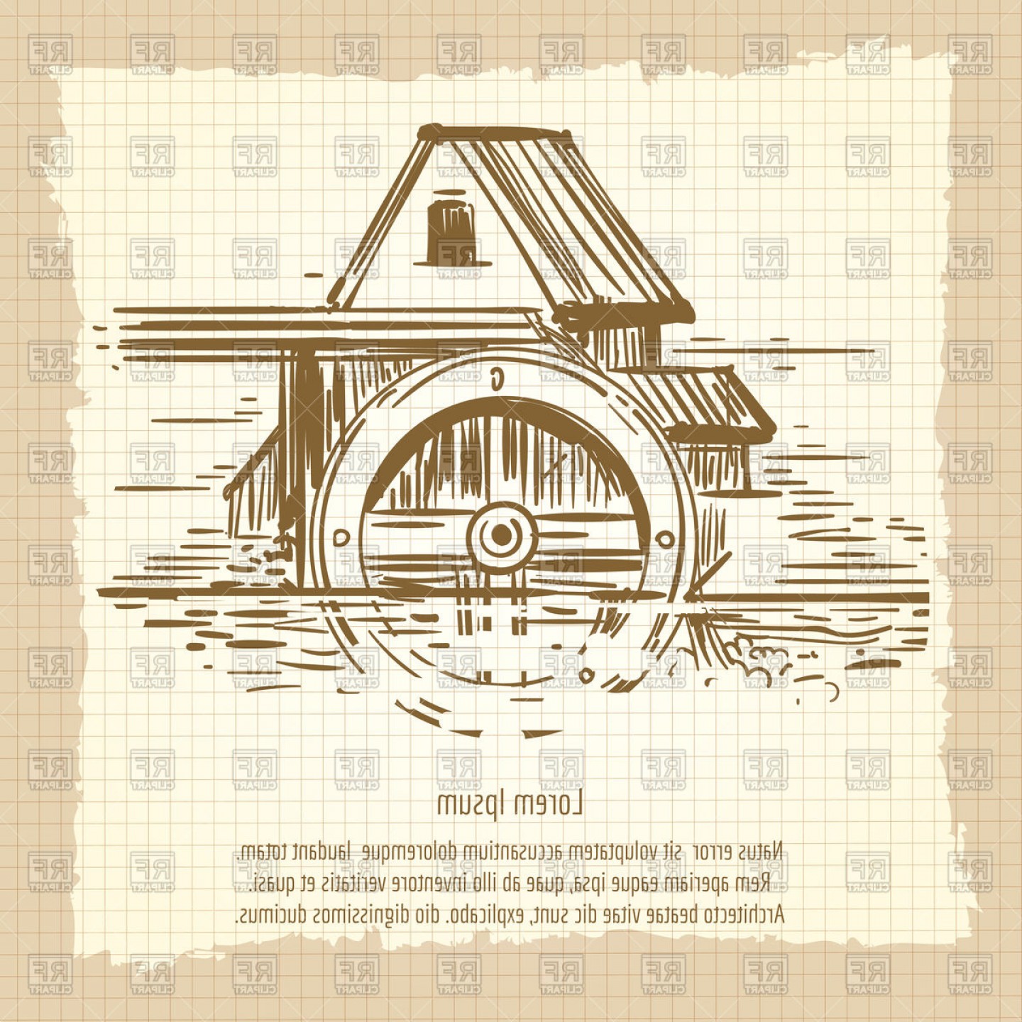 1440x1440 Vintage Water Mill Sketch Vector Clipart Catamart
