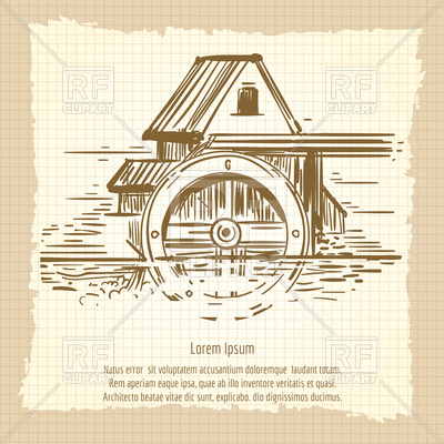 400x400 Vintage Water Mill Sketch Vector Image Of Architecture, Buildings