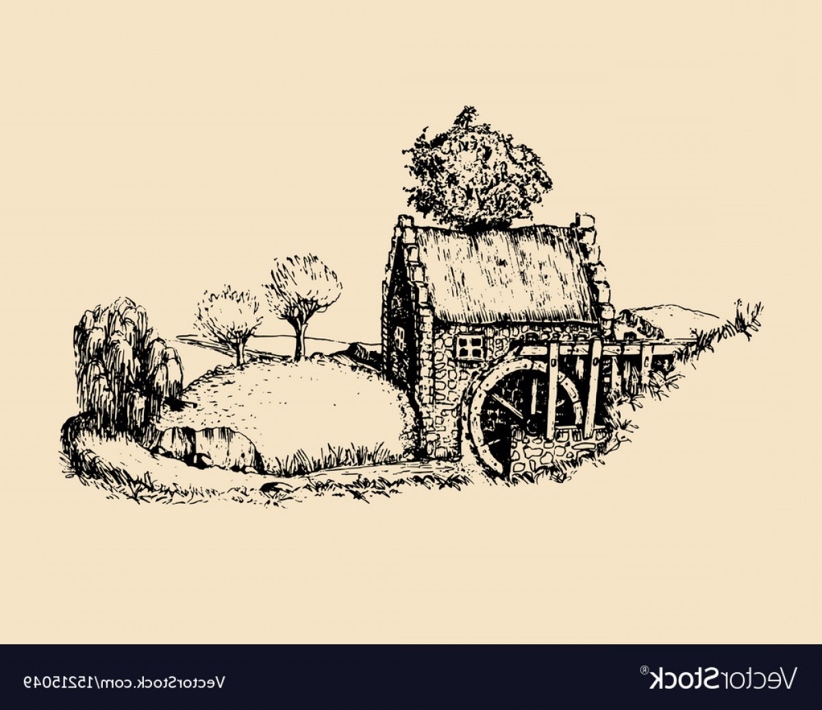 1200x1036 Hand Sketched Of Old Rustic Water Mill Vector Geekchicpro