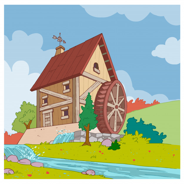 626x626 House With Water Mill On The River Vector Premium Download