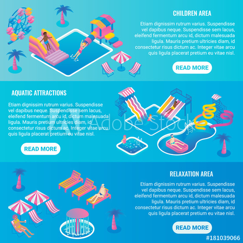Water Park Vector Flat Isometric Horizontal Banner Set 500x500 Water Park Vector Flat Isometric Horizontal Banner Set