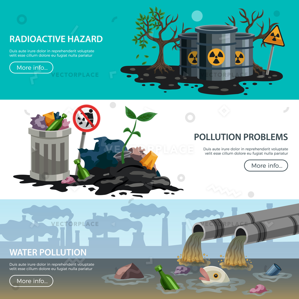 1000x1000 Ecological Problems Flat Horizontal Banners Vector Illustration