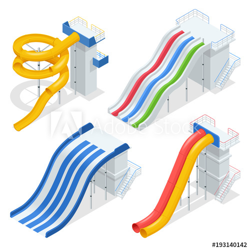 Isometric Colorful Water Slides And Tubes, Aquapark Equipment, Set 500x500 Isometric Colorful Water Slides And Tubes, Aquapark Equipment, Set