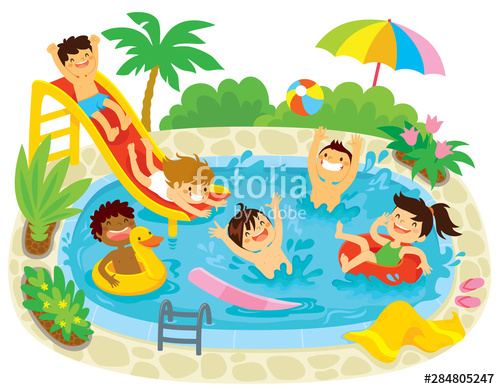 Kids Having Fun In A Swimming Pool With A Water Slide And Floaties 500x389 Kids Having Fun In A Swimming Pool With A Water Slide And Floaties