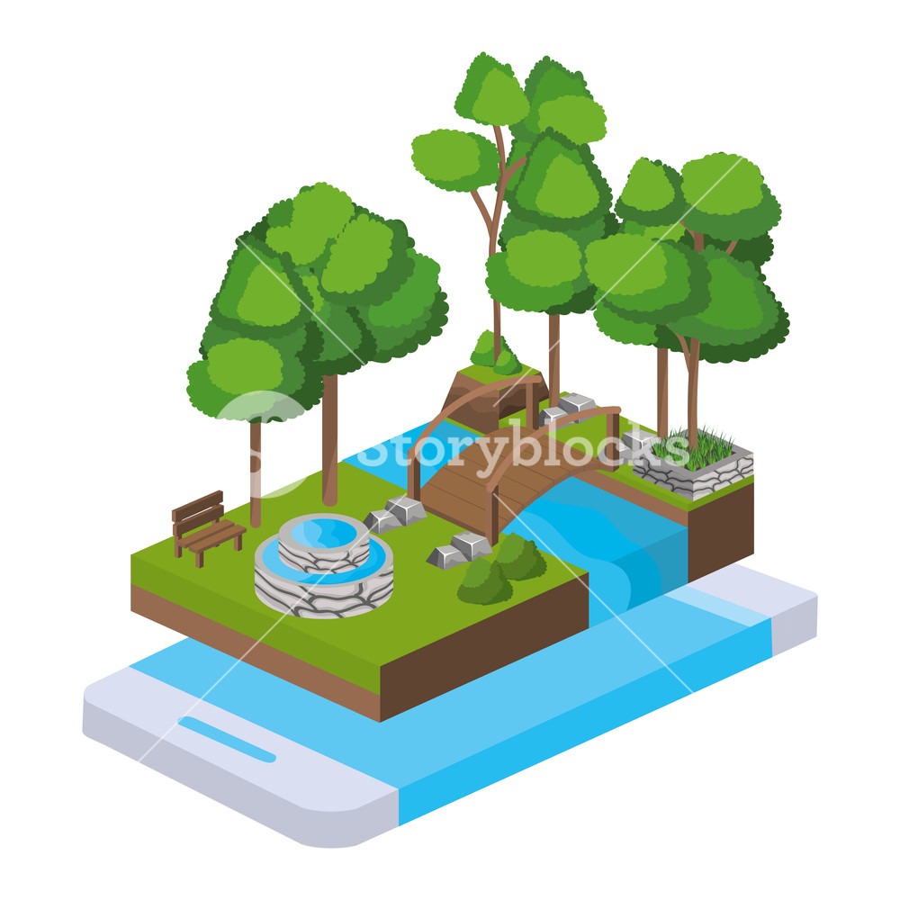 Isometric Park Activity With Water Well And Bridge With Trees 1000x1000 Isometric Park Activity With Water Well And Bridge With Trees