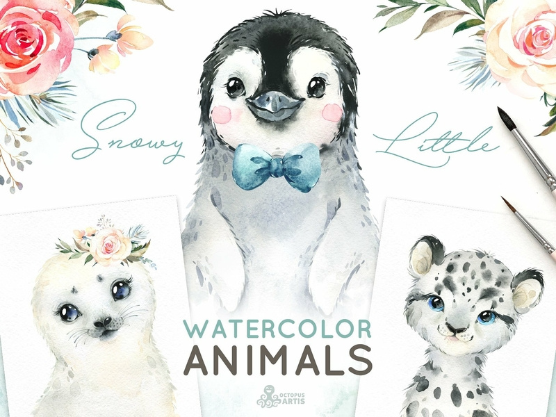 800x600 Snowy Little Watercolor Animals