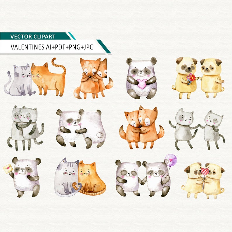794x794 Watercolor Animal Clipart Valentines Animals Watercolor Vector Etsy