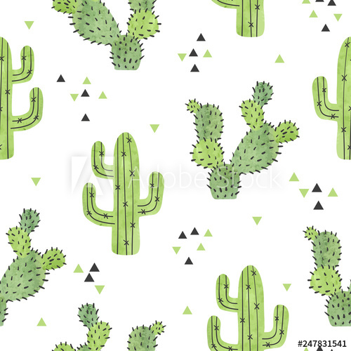 500x500 Watercolor Cactus Seamless Pattern Vector Background With Green