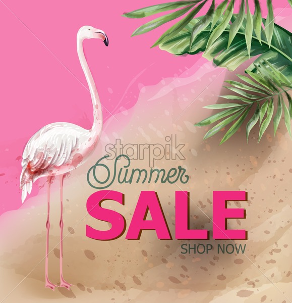 579x600 Summer Tropic Flowers And Flamingo Card Vector Watercolor Holiday
