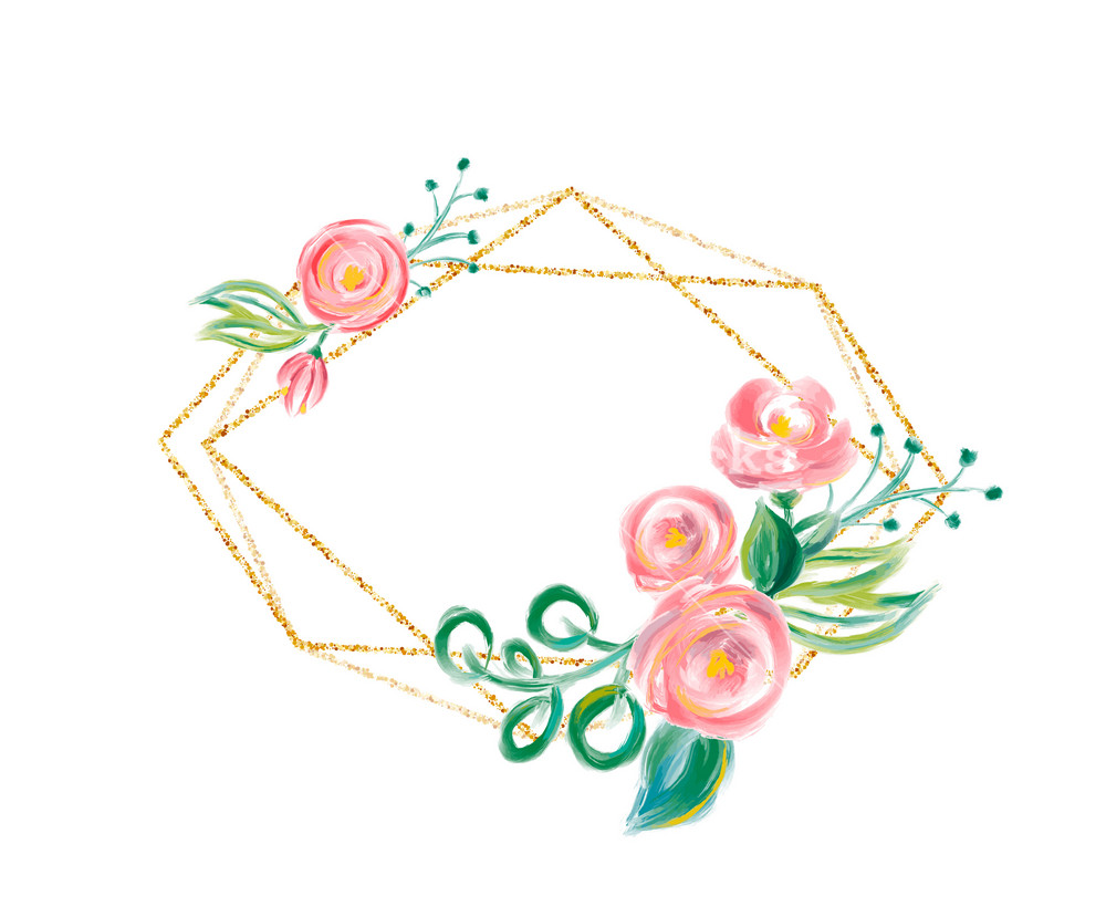 1000x829 Watercolor Floral Frame With Golden Bronze Border