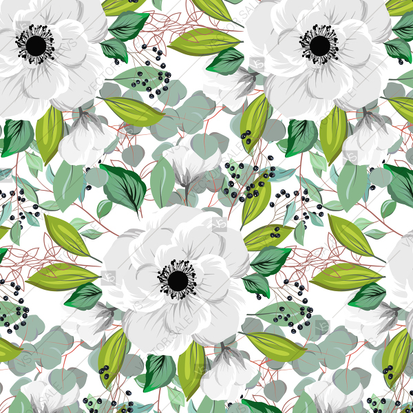 600x600 Seamless White Anemone Greenery Floral Pattern Vector Background