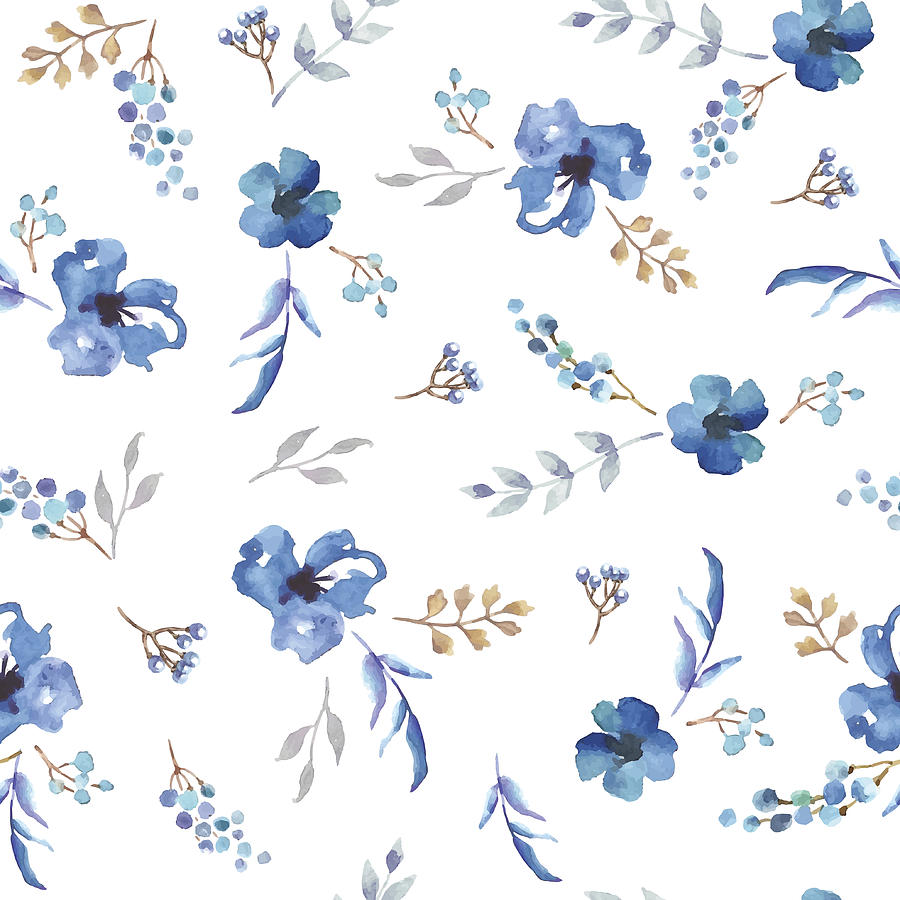 900x900 Vector Seamless Pattern With Blue Watercolor Flowers Drawing