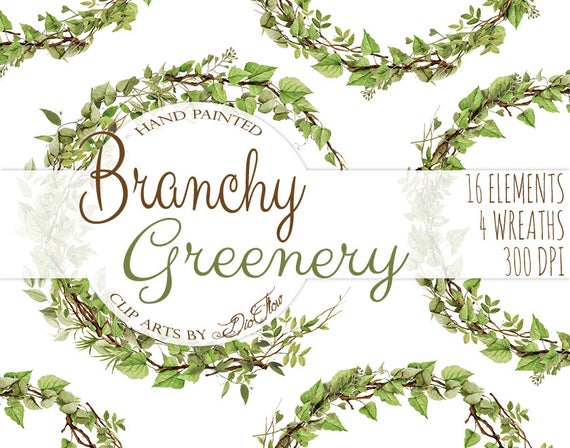 570x448 Watercolor Greenery Clipart Leaves Branches Vines Woodland Etsy
