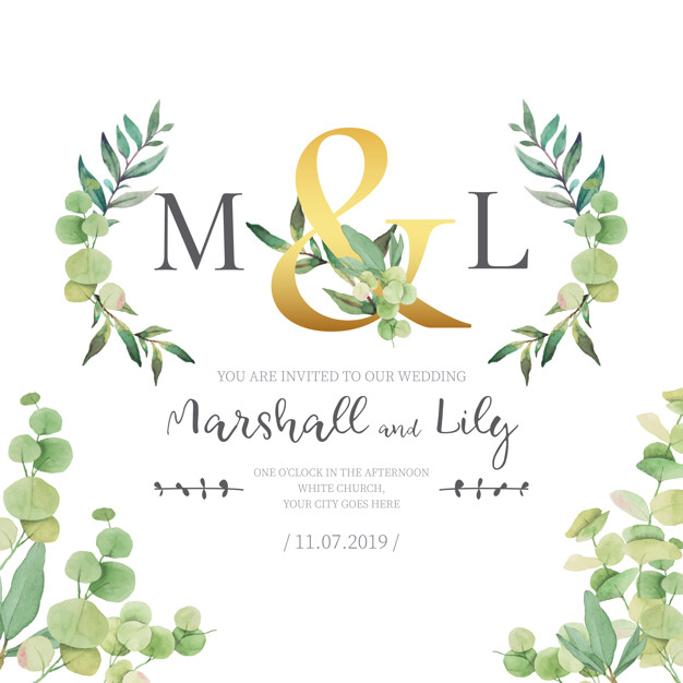 626x626 Wedding Invitation With Watercolor Leaves Free Vector