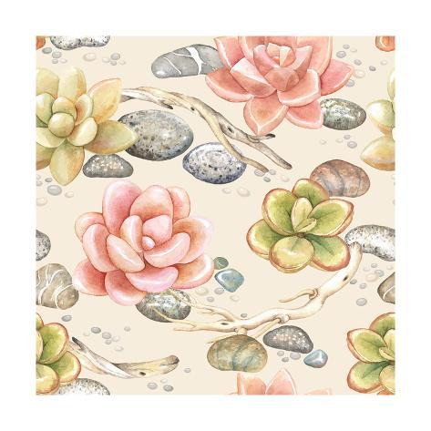 473x473 Seamless Pattern Of Watercolor Succulents, Dry Branches And Stones