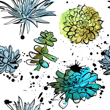 450x450 Seamless Pattern With Beautiful Watercolor Succulents On White