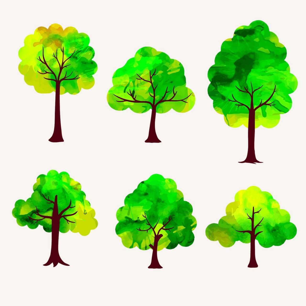 1280x1280 Free Vector Watercolor Trees Vector Set