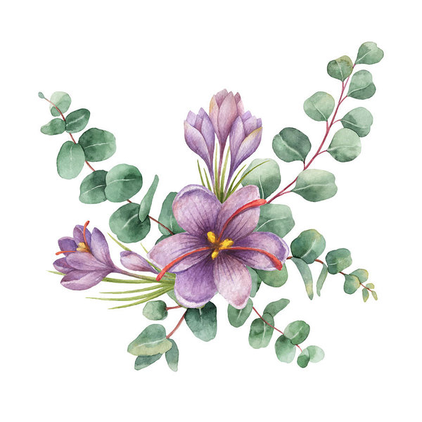 600x600 Watercolor Vector Bouquet With Green Eucalyptus Leaves And Flowers