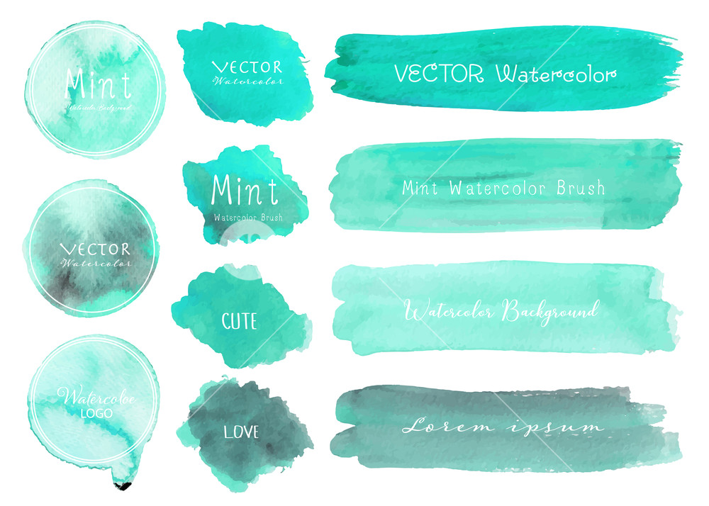 1000x714 Set Of Mint Watercolor On White Background, Brush Stroke