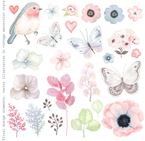 500x486 Elegant Flower With Butterfly And Bird Watercolor Vector Free Download